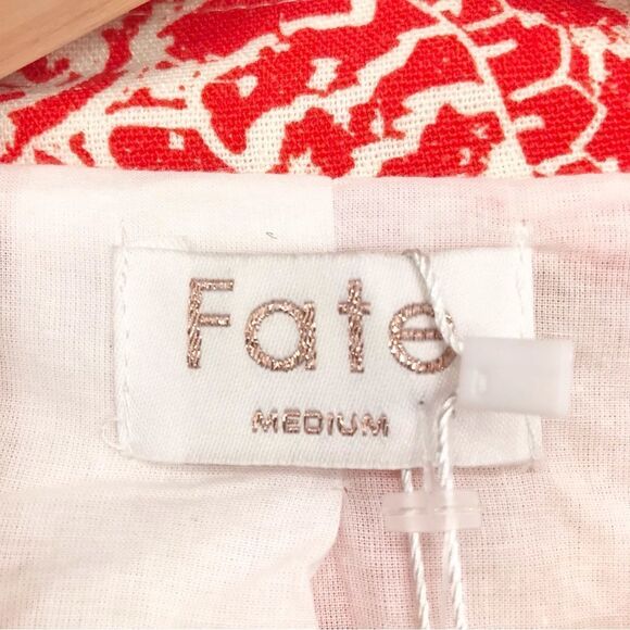 FATE Red Orange Cotton Linen Abstract Floral Cropped V Neck Spring Blazer NEW - Picture 14 of 16